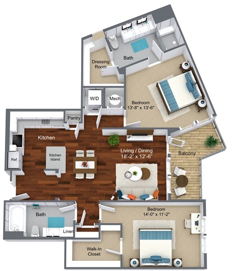 Floor plan for 2 beds, 2 baths, 1180 sqft